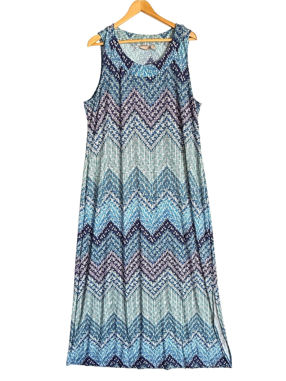 Chicos Maxi Dress Sz 3 Blue Abstract Ikat Maxi Sleeveless Stretch Casual XL